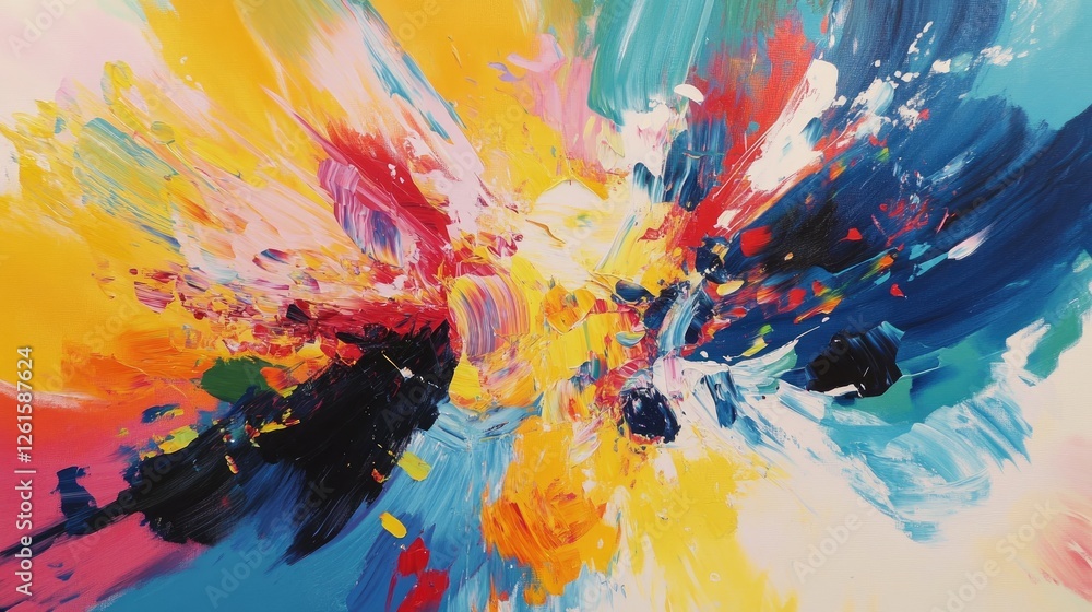 Poster Bright and energetic colors explode in an abstract, pop music-inspired scene, with rhythmic patterns and movement creating a dynamic visual impact