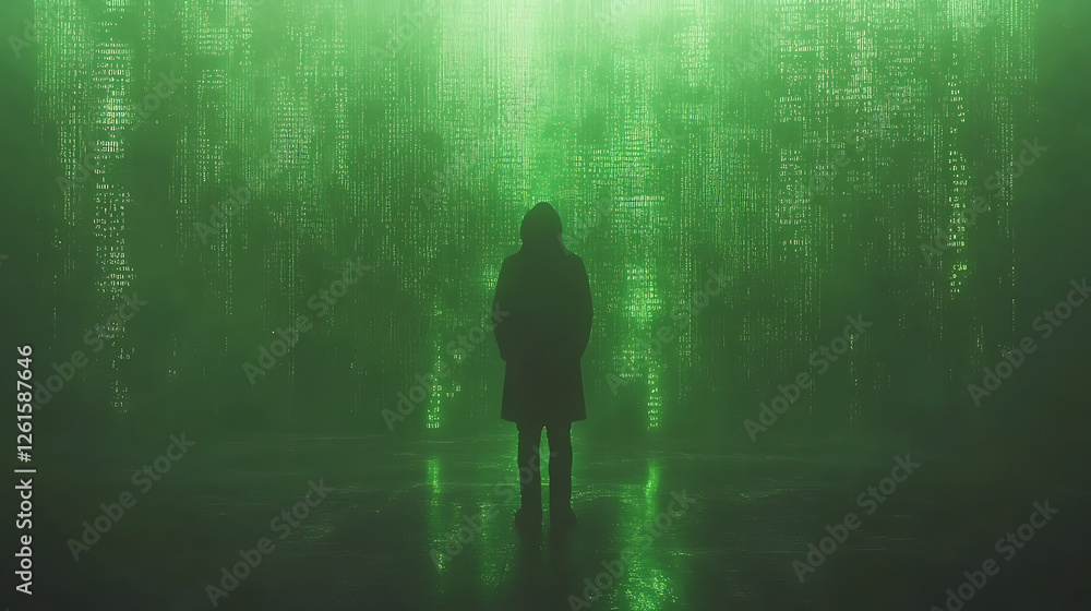 Poster cloaked figure before walls of encrypted binary data in a dimly lit digital space environment