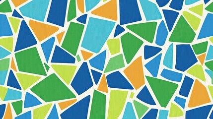 Colorful mosaic pattern featuring vibrant blue, green, and orange shapes on a white background