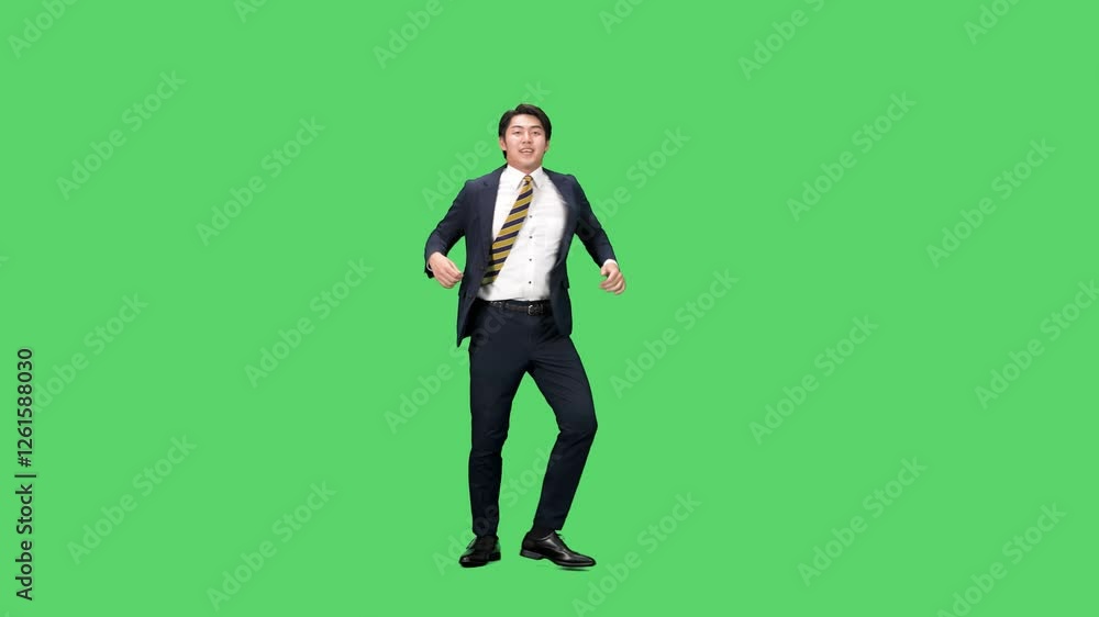 Poster 嬉しくてダンスする男性ビジネスパーソンの全身動画　クロマキー合成用グリーンバック映像