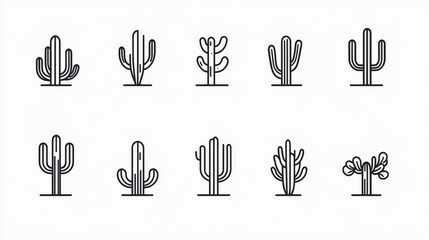 Fototapeta premium 86.A minimalist collection of line art cactus illustrations, featuring simple, elegant outlines of various cactus species in black on a clean white background.