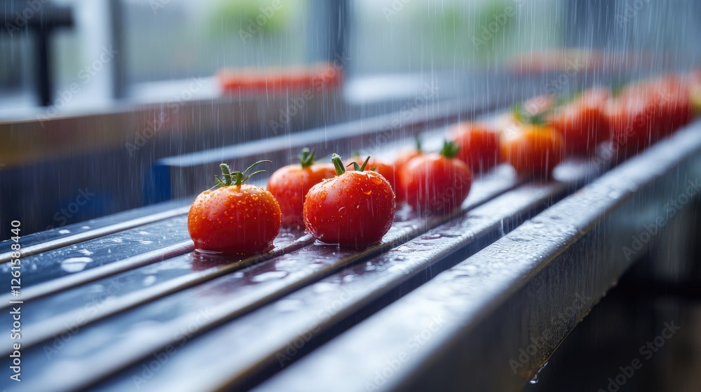 Poster close-up of fresh tomatoes on a conveyor belt, surrounded by soft rain, symbolizing freshness and th