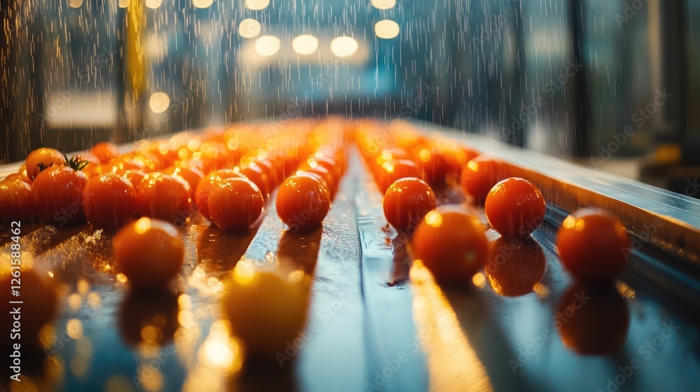 Poster close-up of fresh tomatoes on a conveyor belt, surrounded by soft rain, symbolizing freshness and th