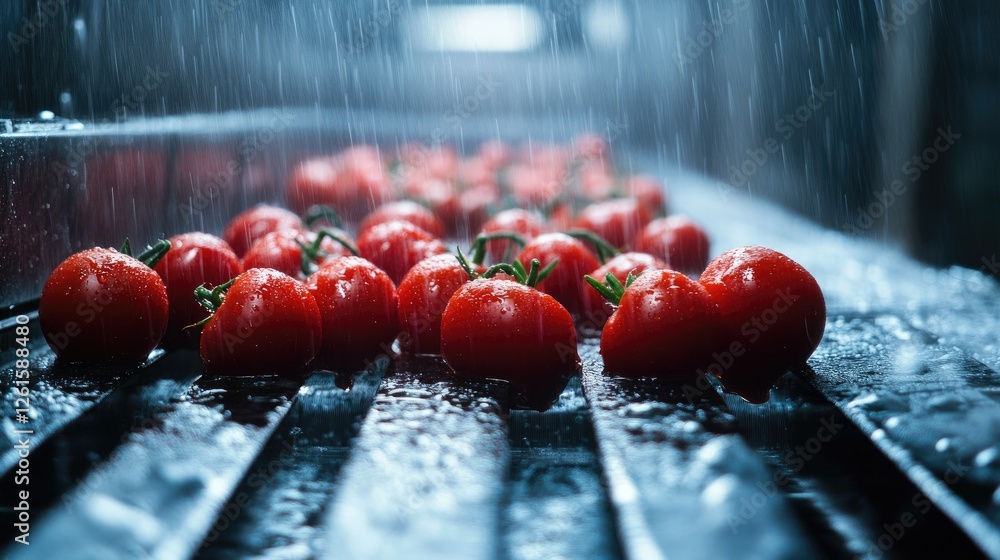 Poster close-up of fresh tomatoes on a conveyor belt, surrounded by soft rain, symbolizing freshness and th