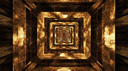 A mesmerizing view of golden geometric patterns creating a tunnel effect, evoking depth