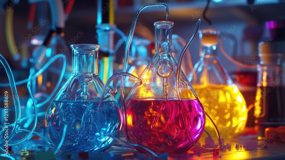 Poster colorful flasks filled with vibrant liquids, linked by intricate tubing, placed on a sterile lab ben