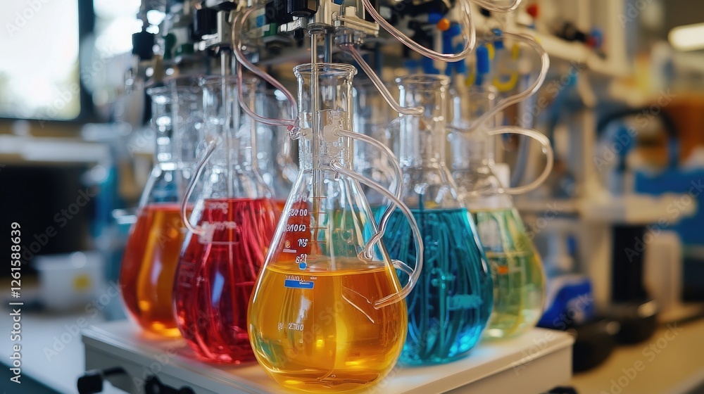 Poster colorful flasks filled with vibrant liquids, linked by intricate tubing, placed on a sterile lab ben