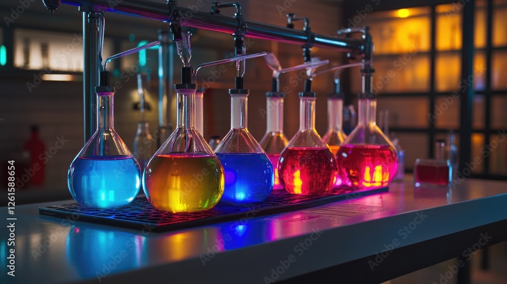 Poster colorful flasks filled with vibrant liquids, linked by intricate tubing, placed on a sterile lab ben