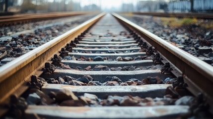 Fototapeta premium A close-up view of railway tracks stretching into the distance.