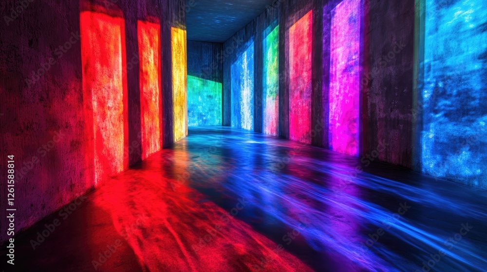 Poster colorful lighting reflecting off surfaces in a dark space, creating an ethereal glow and a tranquil,