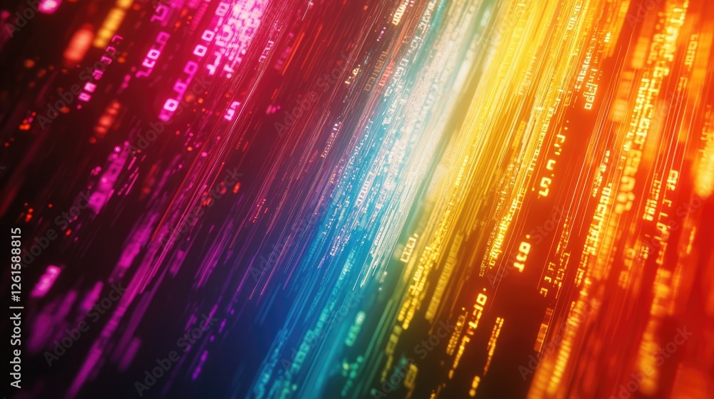 Aufkleber Colorful light streams merge with flowing binary code on an abstract digital backdrop, representing cutting-edge technology and data exchange