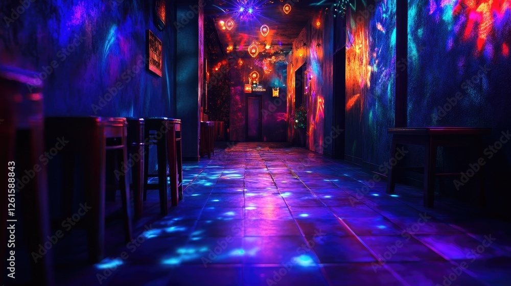 Poster colorful lighting reflecting off surfaces in a dark space, creating an ethereal glow and a tranquil,