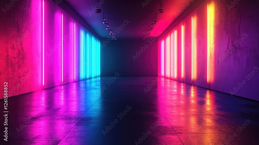 Poster colorful lighting reflecting off surfaces in a dark space, creating an ethereal glow and a tranquil,