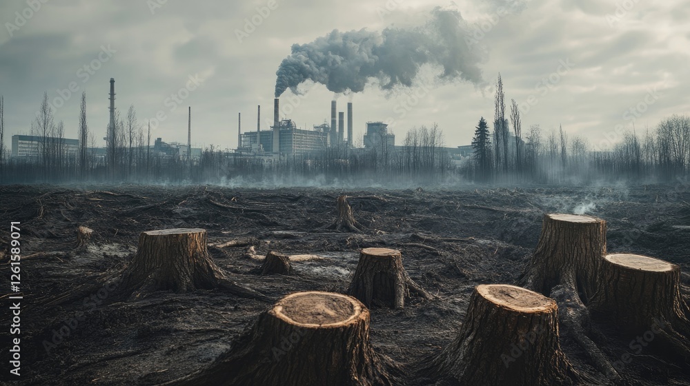 Poster deforested land with tree stumps and a factory emitting pollution in the background, a powerful visu