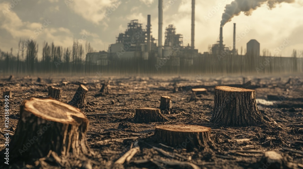 Poster deforested land with tree stumps and a factory emitting pollution in the background, a powerful visu