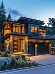 Fototapeta premium Sophisticated Contemporary Home Exterior Design with Elegant Landscaping at Twilight