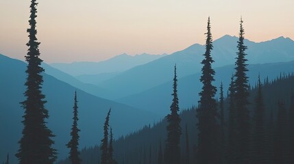 Serene mountain landscape at dawn with towering pine trees and misty valleys in the background