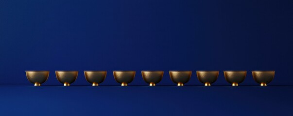 Row of Gold Cups on Dark Blue Background