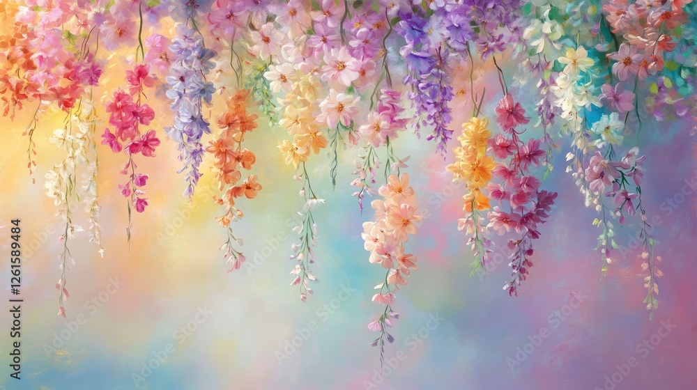 Poster elegant hanging blooms in a spectrum of colors, gently swaying against a blurred pastel background, 