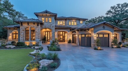 Fototapeta premium Elegant mediterranean villa with stone facade and landscaped garden at twilight hour showcasing luxury real estate