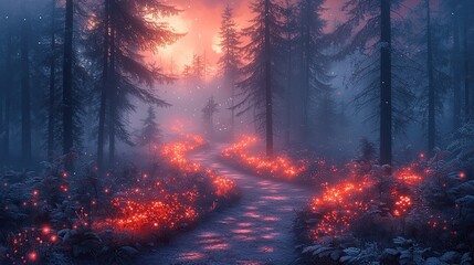 Enchanted forest pathway illuminated by glowing flowers at sunset, surrounded by misty trees