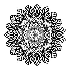 Black lined mandala background with floral pattern.