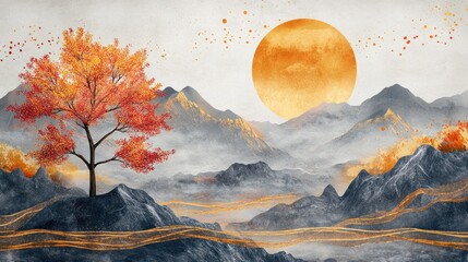 Serene Autumnal Mountainscape: A Golden Sun Sets Over Misty Peaks and a Crimson Tree