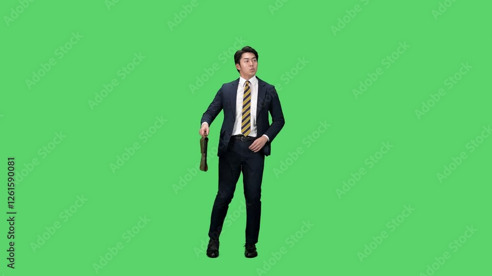 Poster バッグを持ってダンスする男性ビジネスパーソンの全身動画　クロマキー合成用グリーンバック映像
