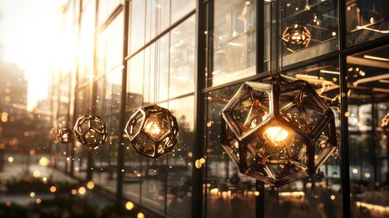 Modern interior with geometric pendant lights illuminating a stylish caf? during sunset