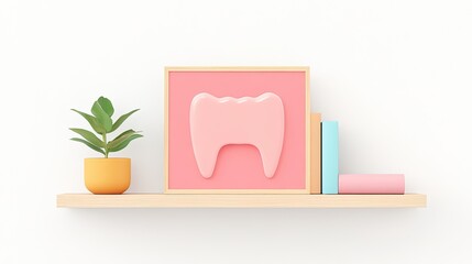 A minimalist shelf display featuring a pink tooth-shaped art piece, plant, and books