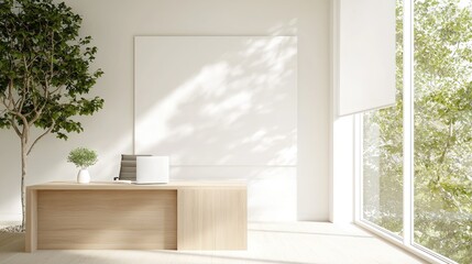 Fototapeta premium Minimalist office reception, sunlight, plants, window view, workspace