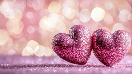 Obraz premium Two Sparkling Hearts Adorned with Bokeh Lights Backdrop