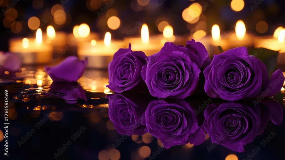 Poster funeral concept featuring purple roses and softly glowing candles on a reflective black surface, cre