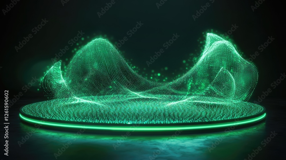 Poster Futuristic green holographic data waves spiraling toward a glowing circular platform, creating a sense of digital energy and technological flow