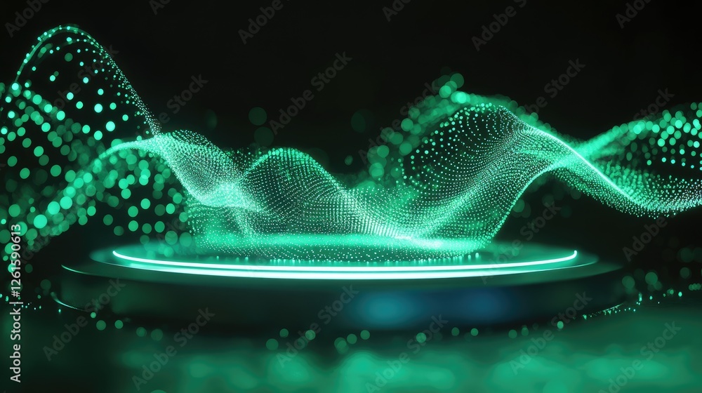 Poster Futuristic green holographic data waves spiraling toward a glowing circular platform, creating a sense of digital energy and technological flow