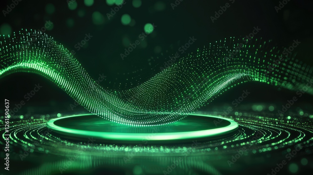 Aufkleber Futuristic green holographic data waves spiraling toward a glowing circular platform, creating a sense of digital energy and technological flow
