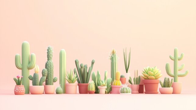 24.Flat vector design featuring an assortment of small, cute succulents and cacti, illustrated with clean lines and soft color gradients for a fun and approachable look.