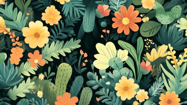 24.Flat vector design featuring an assortment of small, cute succulents and cacti, illustrated with clean lines and soft color gradients for a fun and approachable look.