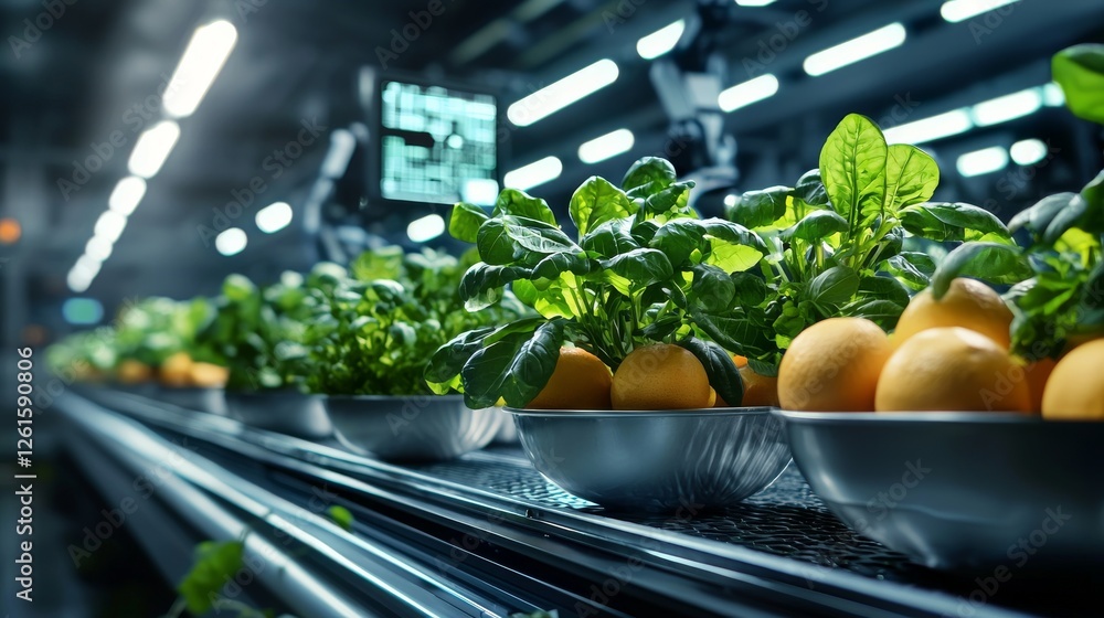 Poster futuristic food production factory with advanced automation and machinery in action