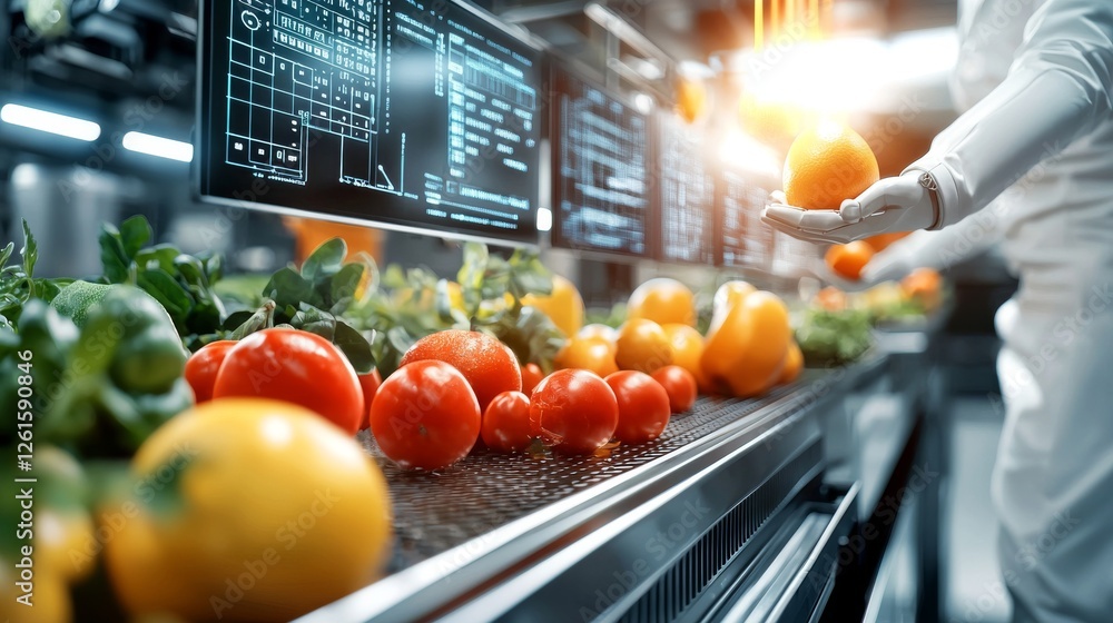Poster advanced automation in a futuristic food production factory utilizing robotic technology and high-te