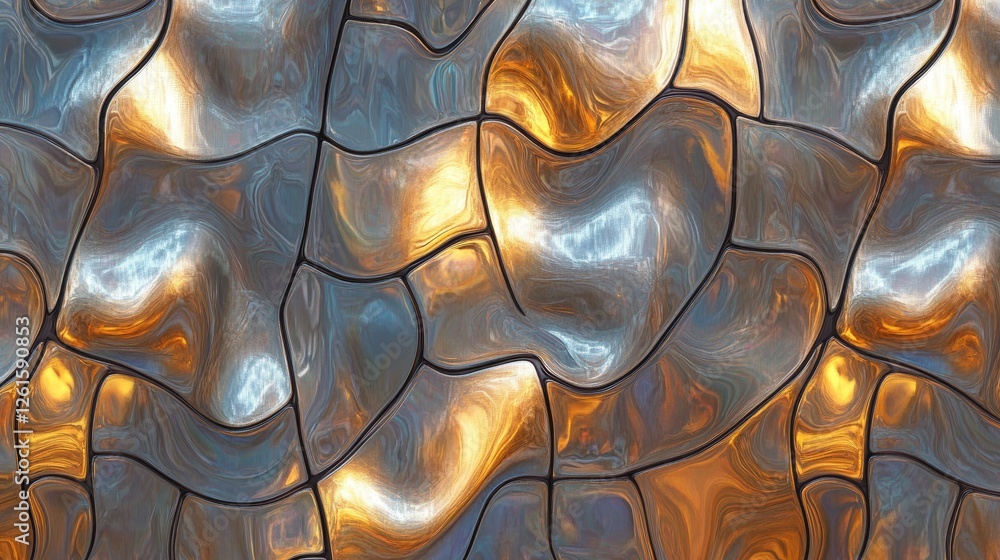 Poster Glowing iridescent liquid metal in a seamless tile pattern, creating a futuristic and abstract design with flowing, dynamic textures