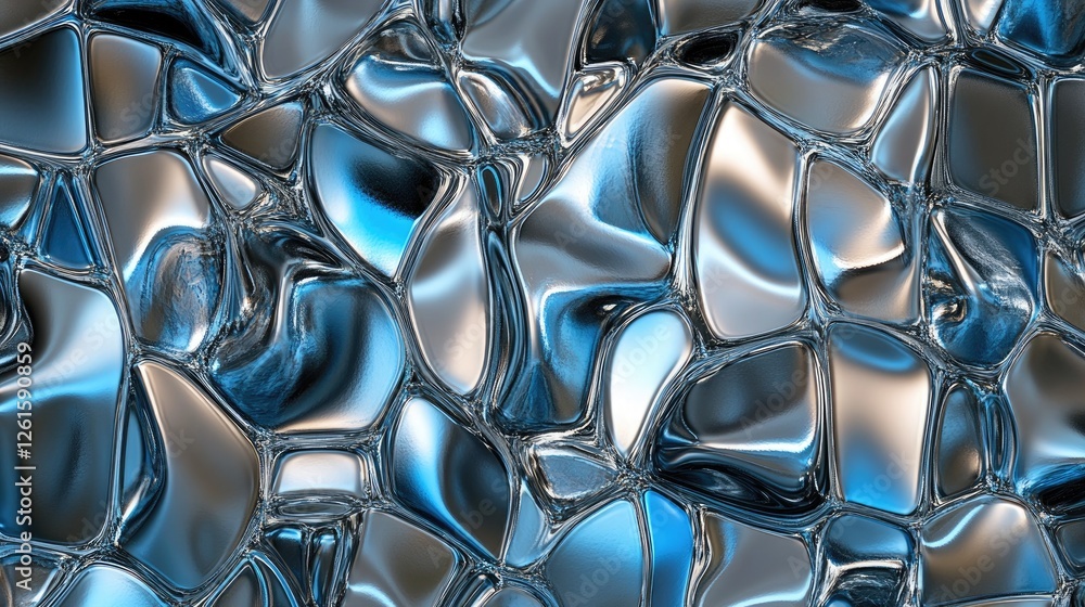 Poster Glowing iridescent liquid metal in a seamless tile pattern, creating a futuristic and abstract design with flowing, dynamic textures