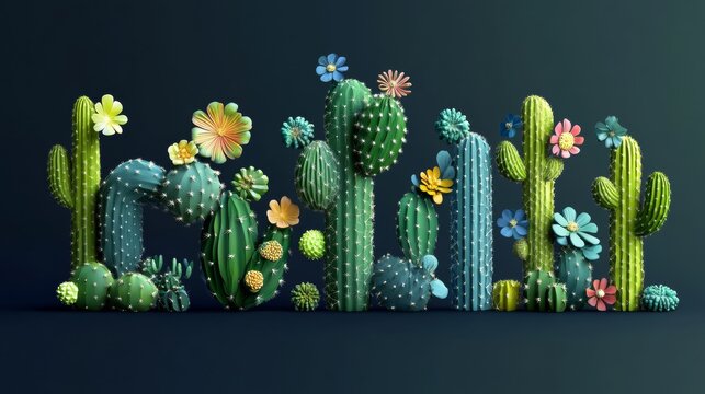 82.A vibrant cactus alphabet where every letter features textured green cactus designs with colorful blossoms and subtle gradients, perfect for fun and creative compositions.