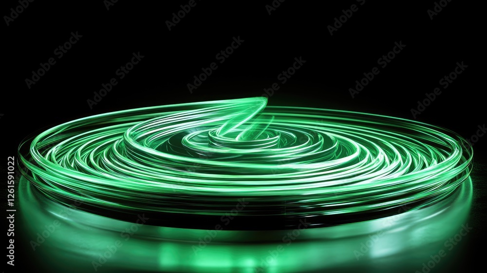 Poster Green holographic waves spiraling in a circular motion toward a glowing platform, creating a dynamic, futuristic scene filled with digital energy