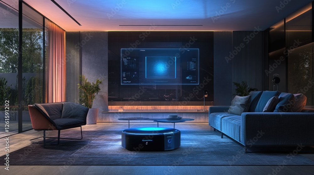 Poster high-tech living room with a floating smart speaker and immersive holographic interfaces, complement
