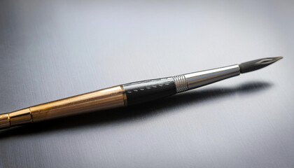 Fototapeta premium A single paintbrush with a golden handle and fine bristles is placed on a plain white background.