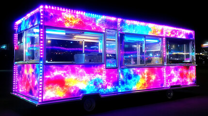 Fototapeta premium Colorful Brightly Lit Mobile Food Vendor with Galactic Design at Night in a Parking Area