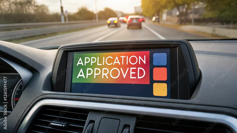 Poster application approval displayed in a car dashboard.