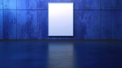 Empty gallery with a blue textured wall and a blank frame reflecting light on the floor