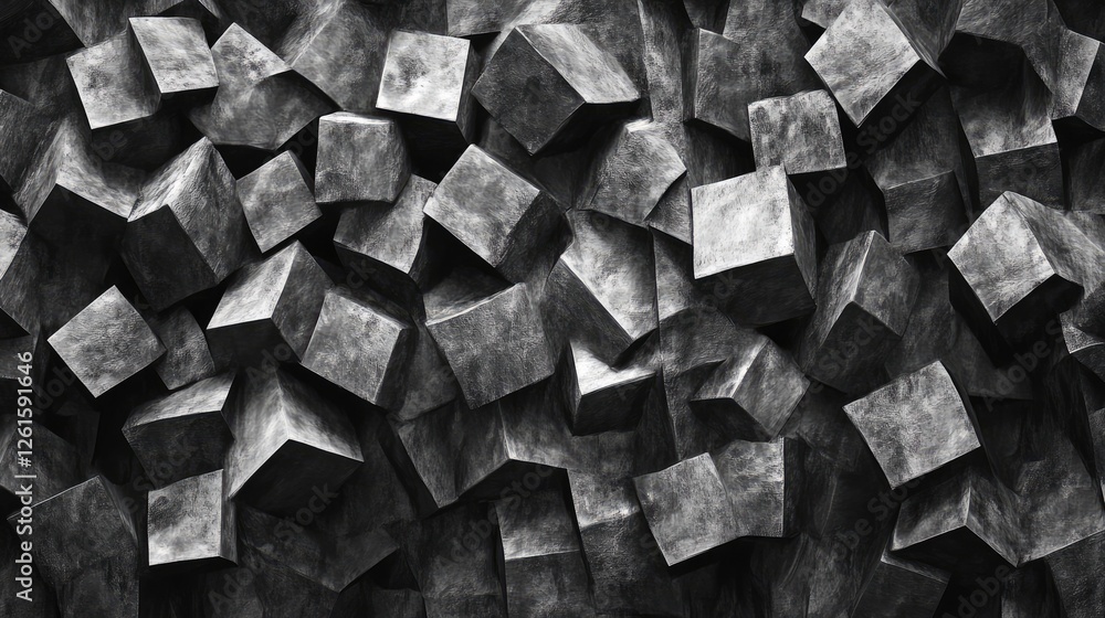 Poster Mesmerizing abstract pattern with 3D cubes scattered in random directions, creating a sense of chaos and movement with a strong, textured depth